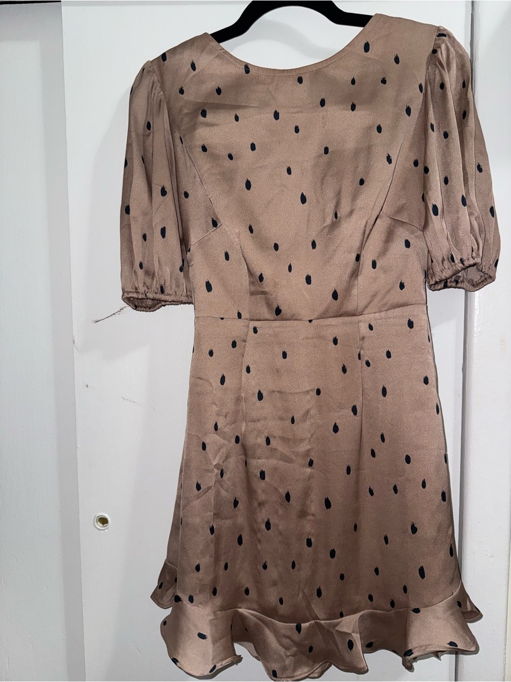 Selfie Leslie Taupe Mini Dress with Black Dot Print
